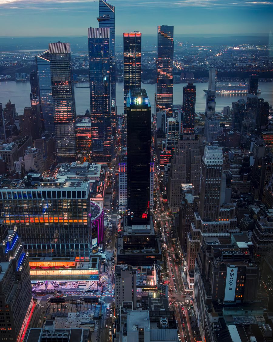 Cinematic dusk photography of a city skyline