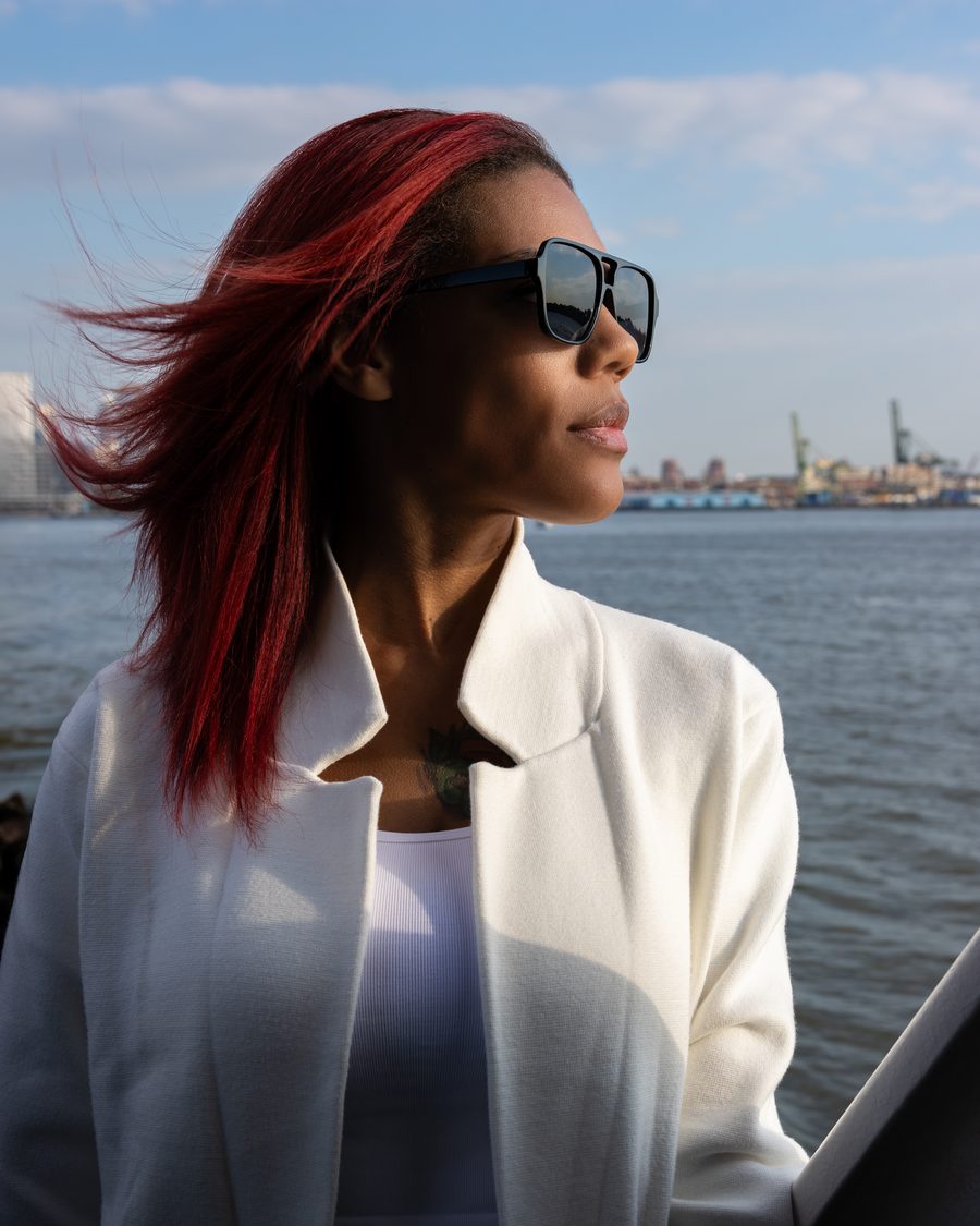 Editorial waterfront portrait for social content